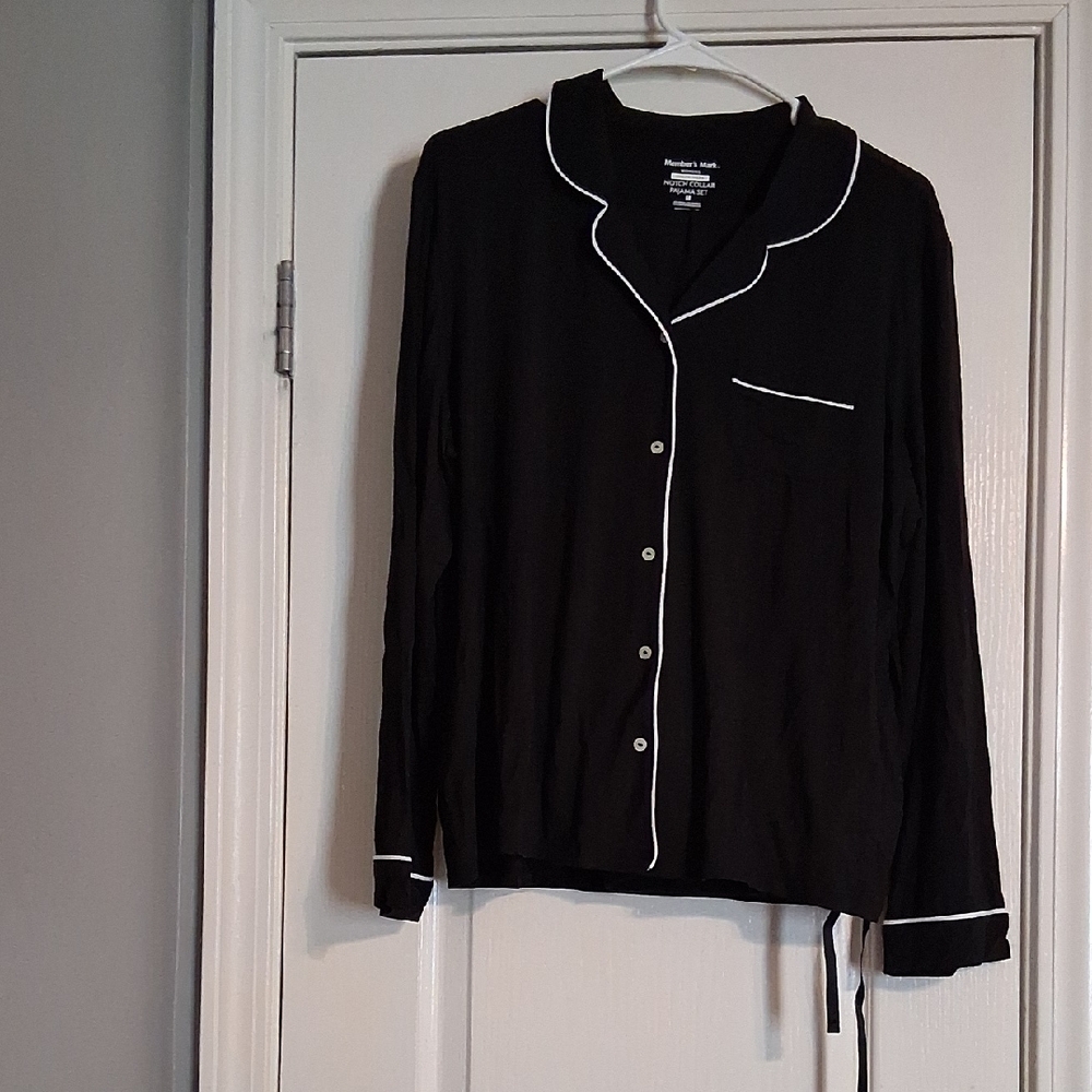 Black Button-Up Pajama Top And Bottoms with White Trim